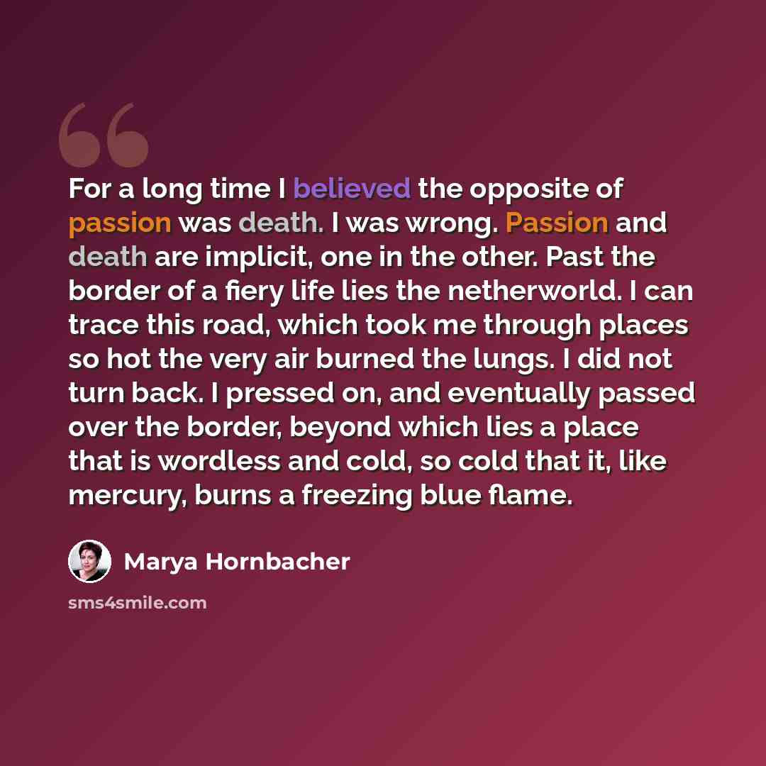 “For a long time I believed the opposite of passion was death. I was wrong. Passion and death are implicit, one in the other. Past the border of a fiery life lies the netherworld. I can trace this road, which took me through places so hot the very air burned the lungs. I did not turn back. I…” quote by Marya Hornbacher