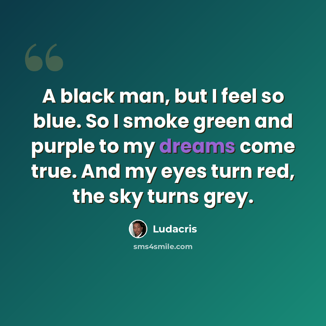 “A black man, but I feel so blue. So I smoke green and purple to my dreams come true. And my eyes turn red, the sky turns grey.” quote by Ludacris