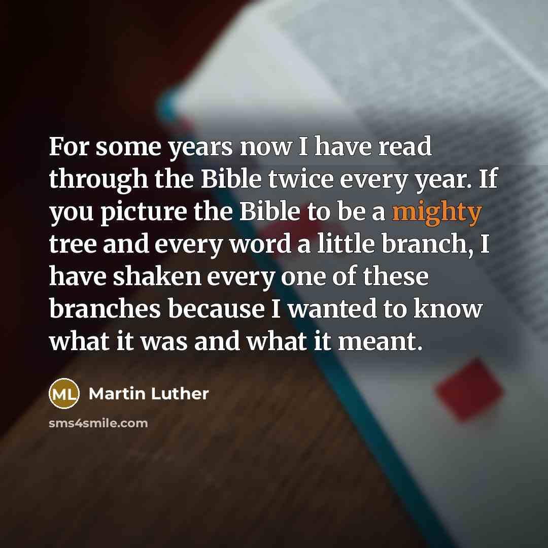 “For some years now I have read through the Bible twice every year. If you picture the Bible to be a mighty tree and every word a little branch, I have shaken every one of these branches because I wanted to know what it was and what it meant.” quote by Martin Luther
