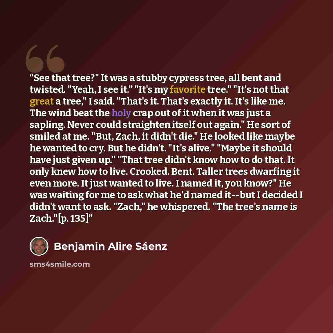 “See that tree?" It was a stubby cypress tree, all bent and twisted. "Yeah, I see it." "It's my favorite tree." "It's not that great a tree," I said. "That's it. That's exactly it. It's like me. The wind beat the holy crap out of it when it was just a sapling. Never could straighten itself out…” quote by Benjamin Alire Saenz