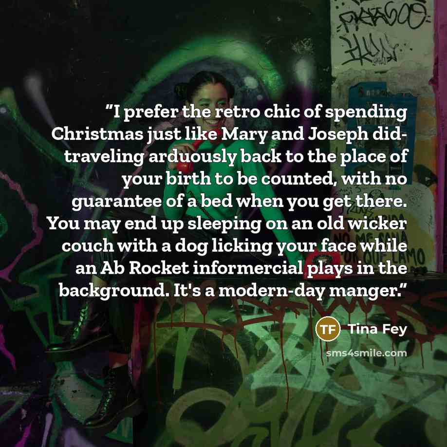 “I prefer the retro chic of spending Christmas just like Mary and Joseph did- traveling arduously back to the place of your birth to be counted, with no guarantee of a bed when you get there. You may end up sleeping on an old wicker couch with a dog licking your face while an Ab Rocket informercial…” quote by Tina Fey