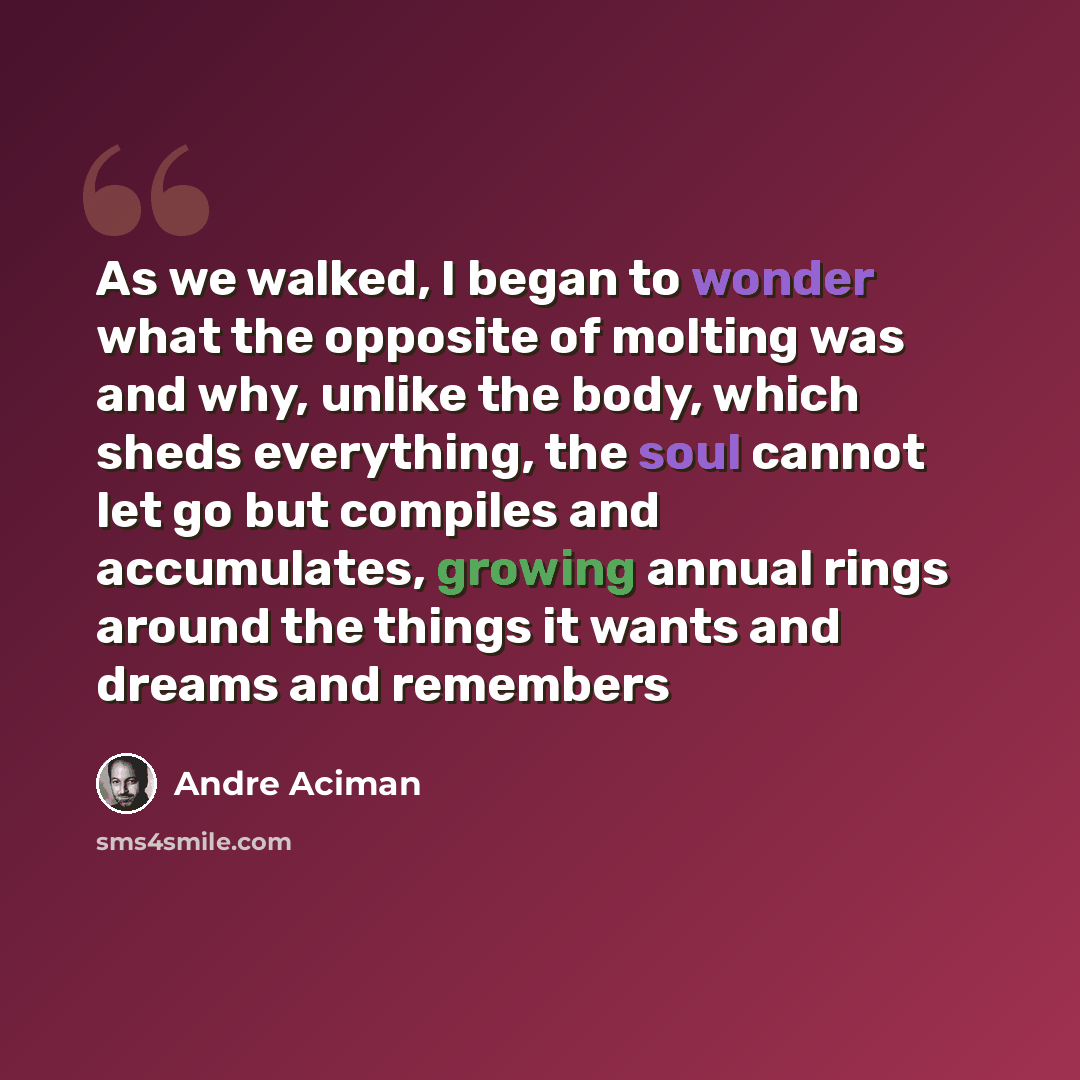 “As we walked, I began to wonder what the opposite of molting was and why, unlike the body, which sheds everything, the soul cannot let go but compiles and accumulates, growing annual rings around the things it wants and dreams and remembers” quote by André Aciman