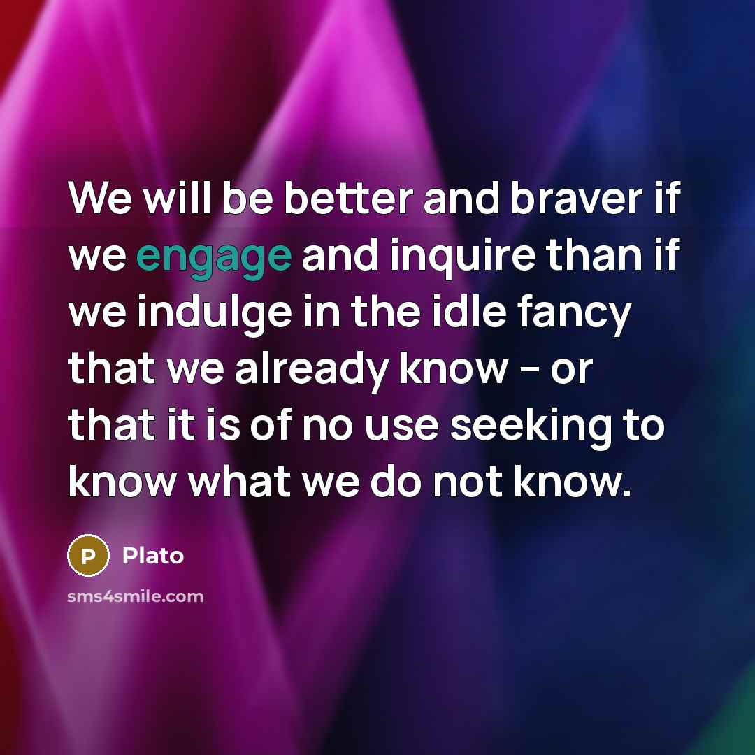 “We will be better and braver if we engage and inquire than if we indulge in the idle fancy that we already know -- or that it is of no use seeking to know what we do not know.” quote by Plato