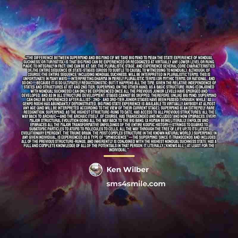 “The difference between supermind and Big Mind (if we take Big Mind to mean the state experience of nondual Suchness, or turiyatita) is that Big Mind can be experienced or recognized at virtually any lower level or rung. Magic to Integral. In fact, one can be at, say, the Pluralistic stage, and…” quote by Ken Wilber
