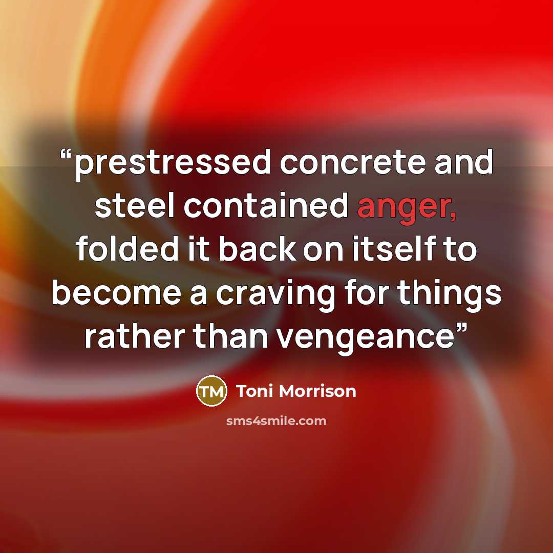 “prestressed concrete and steel contained anger, folded it back on itself to become a craving for things rather than vengeance” quote by Toni Morrison