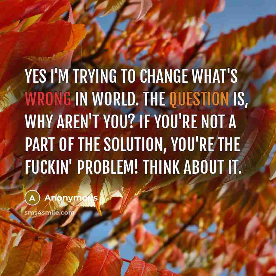 “Yes I'm trying to change what's wrong in world. The question is, why aren't you? If you're not a part of the solution, you're the fuckin' problem! Think about it.” quote by Anonymous