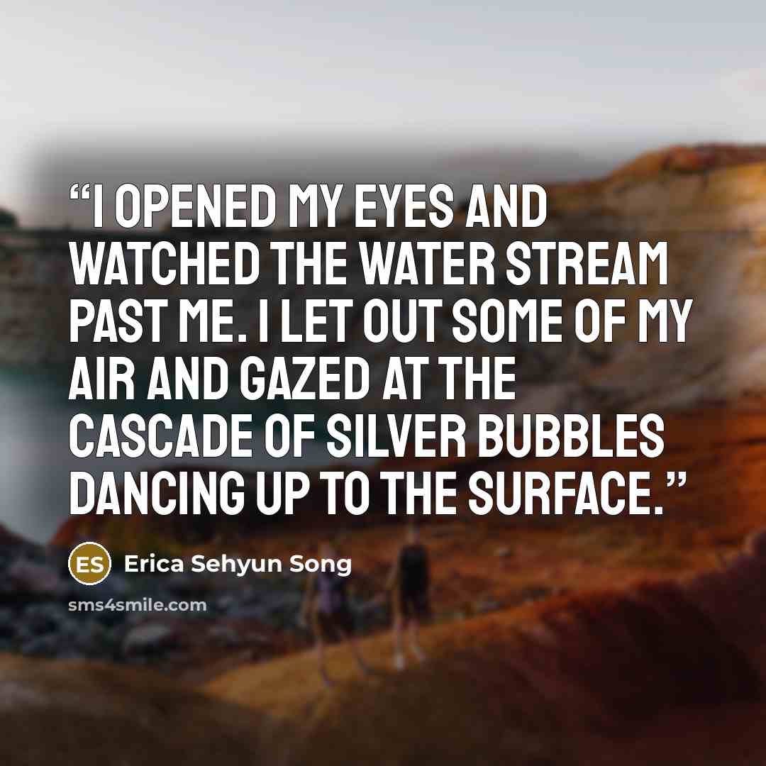 “I opened my eyes and watched the water stream past me. I let out some of my air and gazed at the cascade of silver bubbles dancing up to the surface.” quote by Erica Sehyun Song