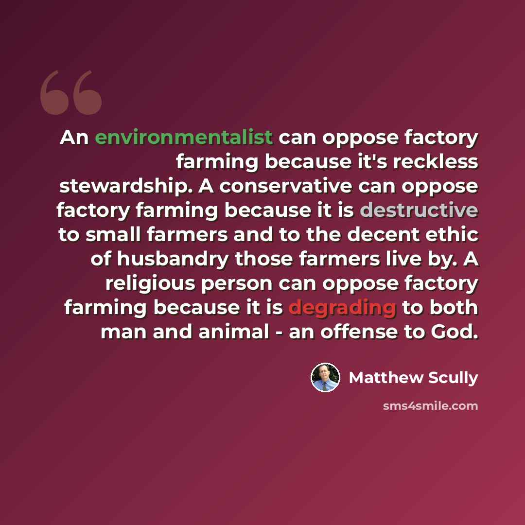 “An environmentalist can oppose factory farming because it's reckless stewardship. A conservative can oppose factory farming because it is destructive to small farmers and to the decent ethic of husbandry those farmers live by. A religious person can oppose factory farming because it is degrading…” quote by Matthew Scully