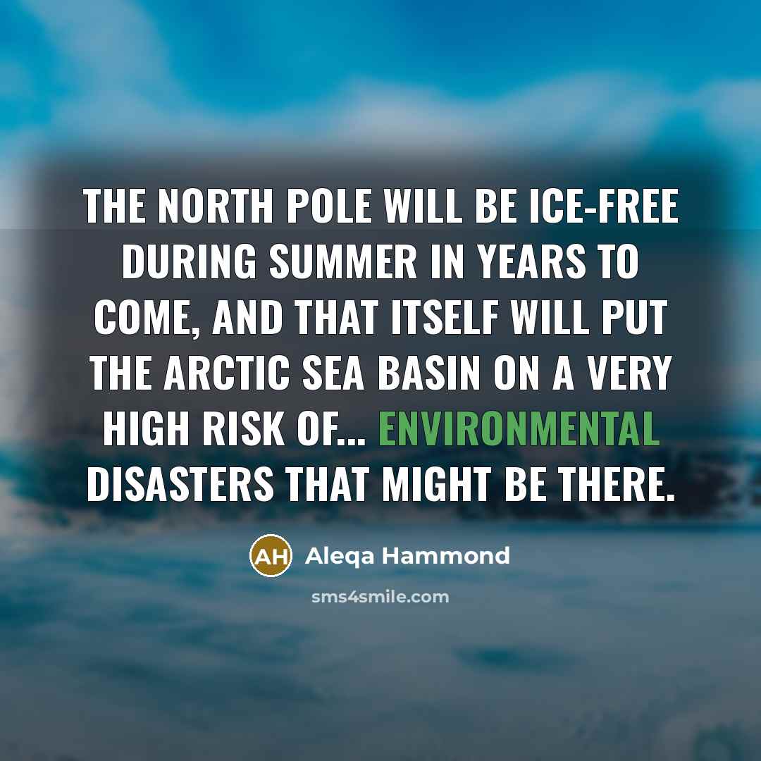 “The North Pole will be ice-free during summer in years to come, and that itself will put the Arctic Sea basin on a very high risk of... environmental disasters that might be there.” quote by Aleqa Hammond