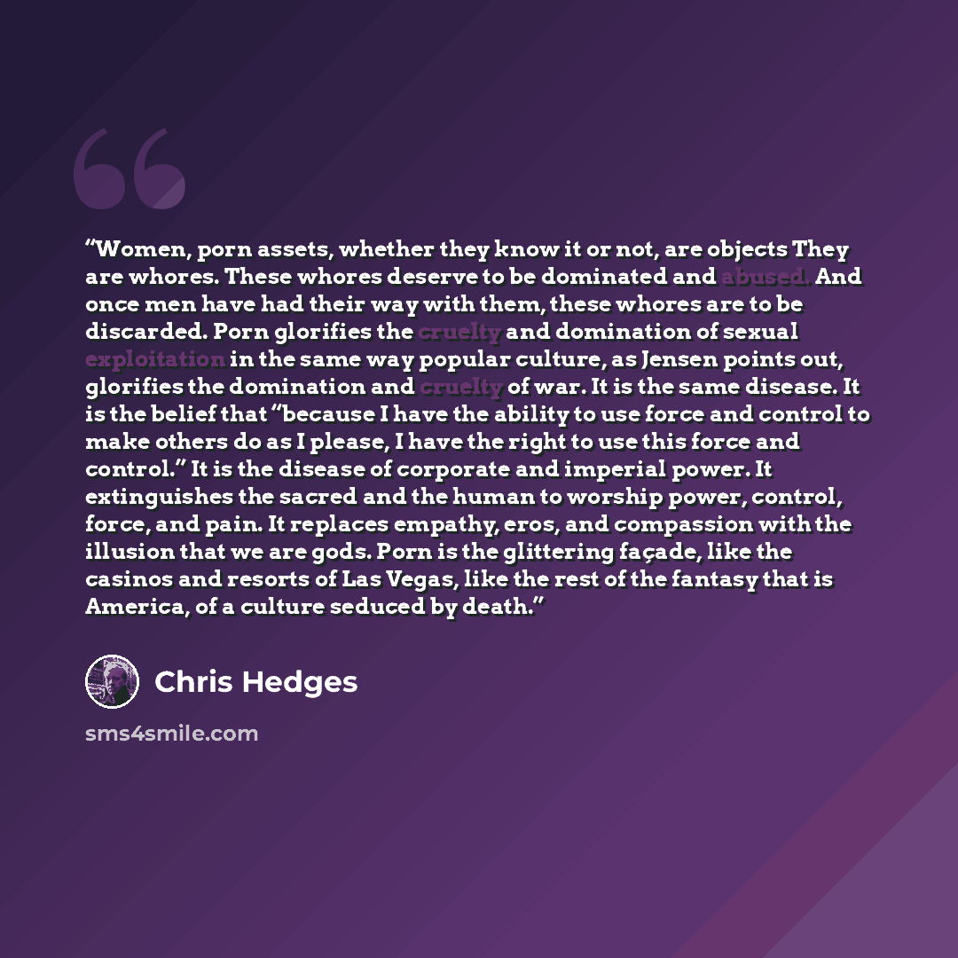 “Women, porn assets, whether they know it or not, are objects They are whores. These whores deserve to be dominated and abused. And once men have had their way with them, these whores are to be discarded. Porn glorifies the cruelty and domination of sexual exploitation in the same way popular…” quote by Chris Hedges