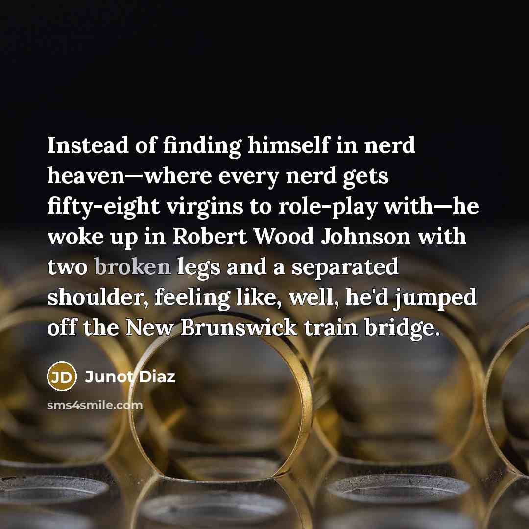 “Instead of finding himself in nerd heaven—where every nerd gets fifty-eight virgins to role-play with—he woke up in Robert Wood Johnson with two broken legs and a separated shoulder, feeling like, well, he'd jumped off the New Brunswick train bridge.” quote by Junot Diaz