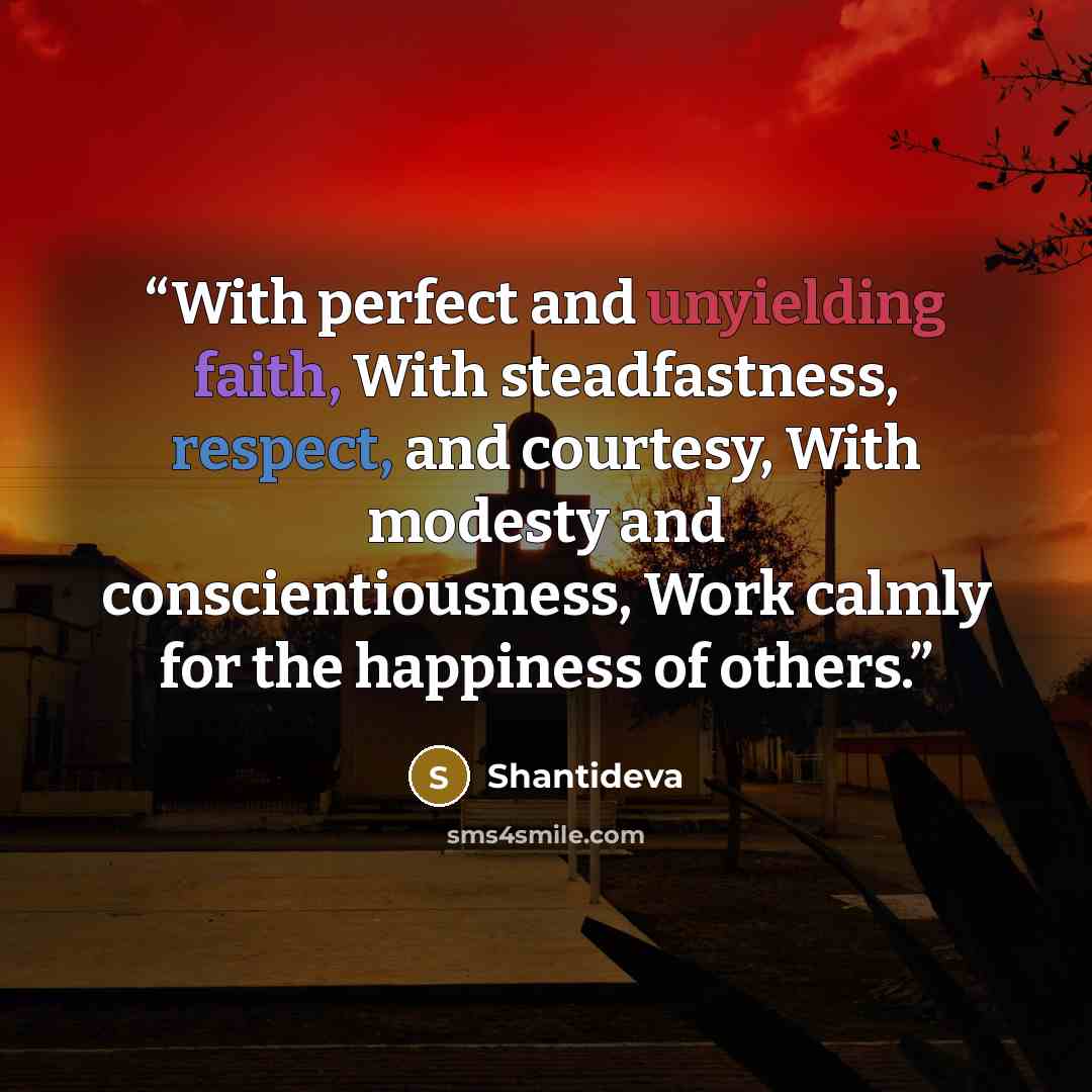 “With perfect and unyielding faith, With steadfastness, respect, and courtesy, With modesty and conscientiousness, Work calmly for the happiness of others.” quote by Shantideva