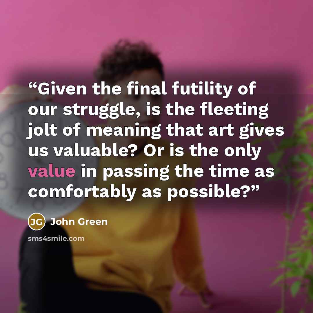 “Given the final futility of our struggle, is the fleeting jolt of meaning that art gives us valuable? Or is the only value in passing the time as comfortably as possible?” quote by John Green