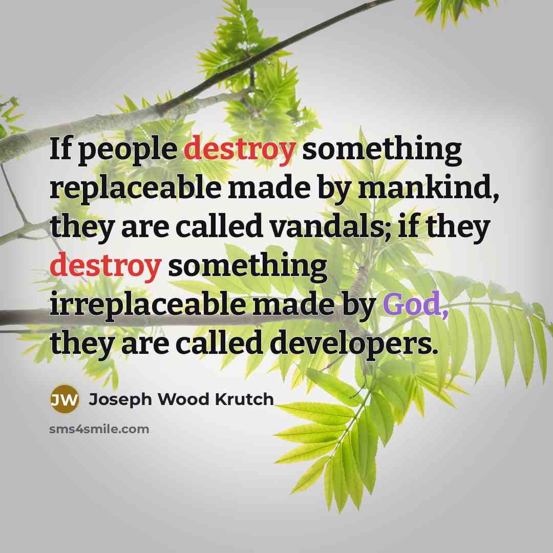 “If people destroy something replaceable made by mankind, they are called vandals; if they destroy something irreplaceable made by God, they are called developers.” quote by Joseph Wood Krutch