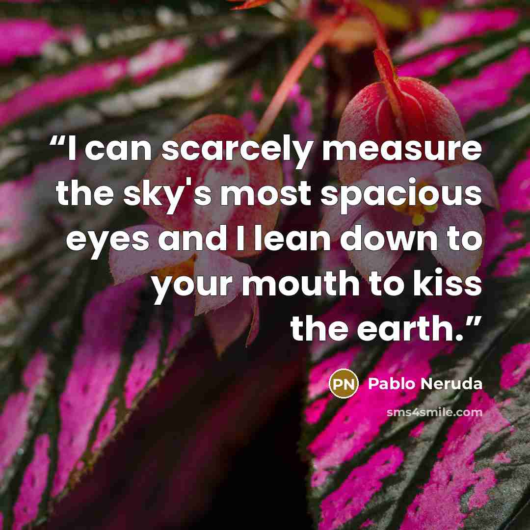 “I can scarcely measure the sky's most spacious eyes and I lean down to your mouth to kiss the earth.” quote by Pablo Neruda