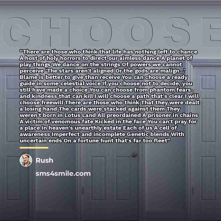 “There are those who think that life has nothing left to chance A host of holy horrors to direct our aimless dance A planet of play things We dance on the strings Of powers we cannot perceive 'The stars aren't aligned Or the gods are malign...' Blame is better to give than receive You can choose a…” quote by Rush