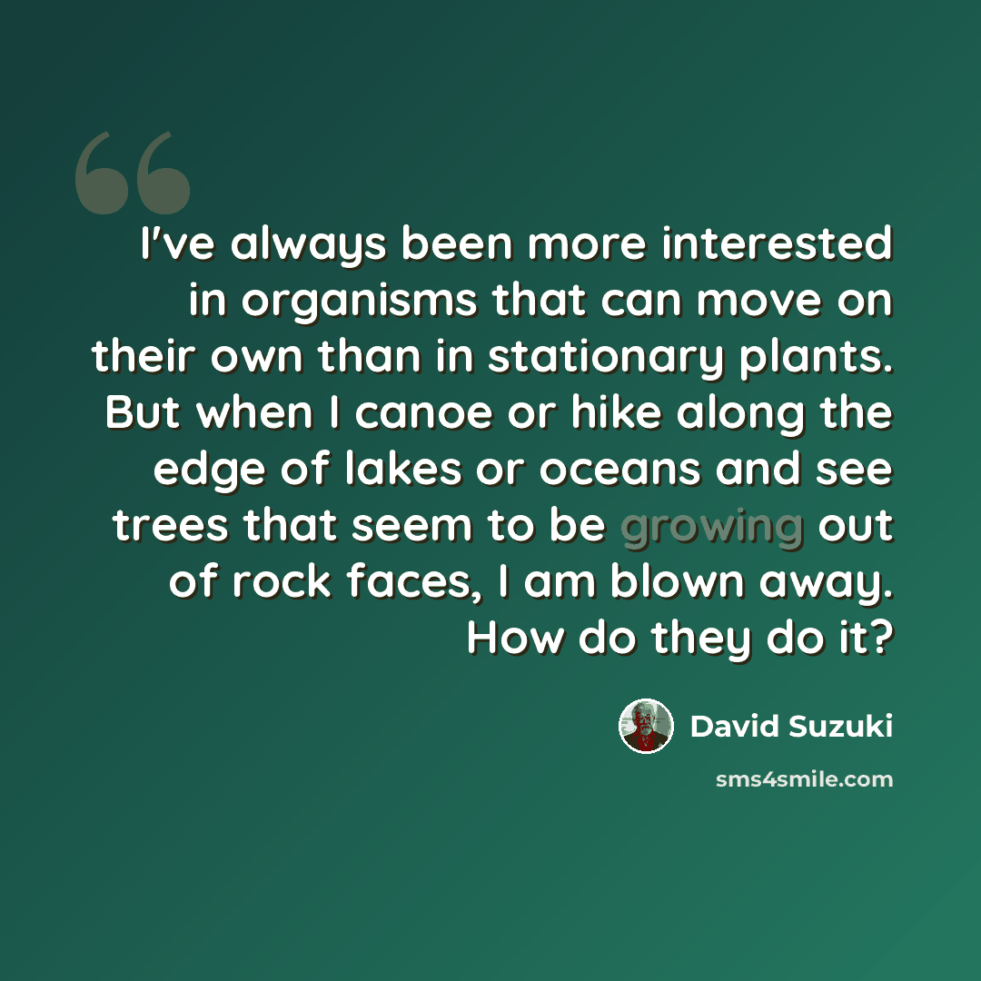 “I've always been more interested in organisms that can move on their own than in stationary plants. But when I canoe or hike along the edge of lakes or oceans and see trees that seem to be growing out of rock faces, I am blown away. How do they do it?” quote by David Suzuki