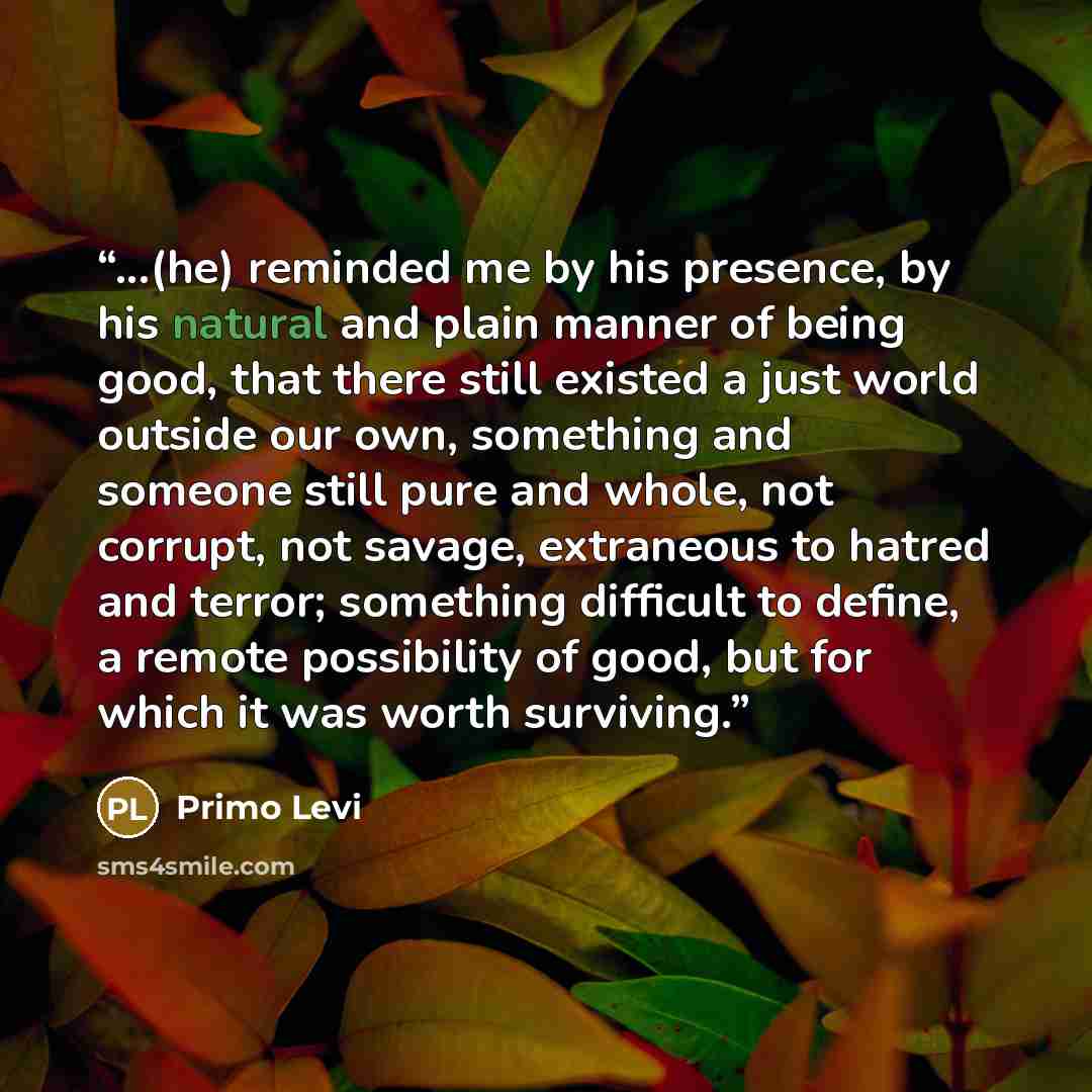 “...(he) reminded me by his presence, by his natural and plain manner of being good, that there still existed a just world outside our own, something and someone still pure and whole, not corrupt, not savage, extraneous to hatred and terror; something difficult to define, a remote possibility of…” quote by Primo Levi