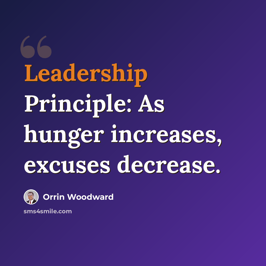 “Leadership Principle: As hunger increases, excuses decrease.” quote by Orrin Woodward