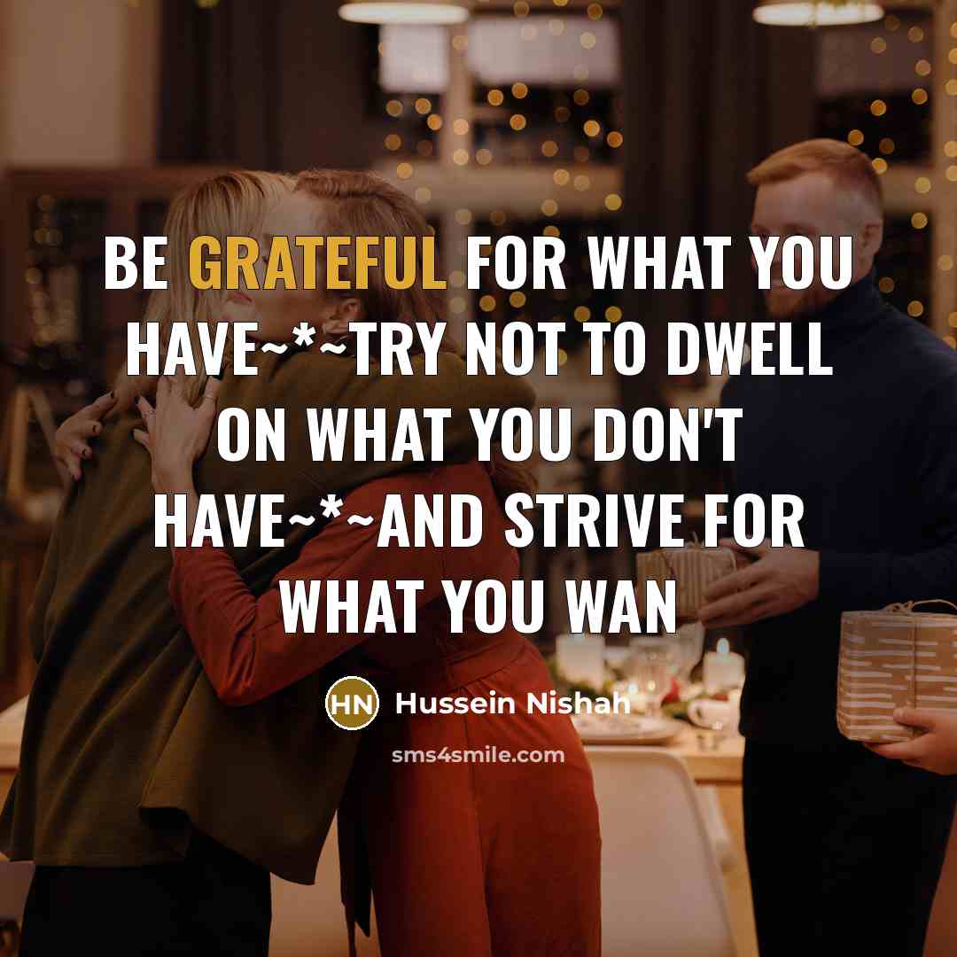 “Be grateful for what you have~*~Try not to dwell on what you don't have~*~And strive for what you wan” quote by Hussein Nishah
