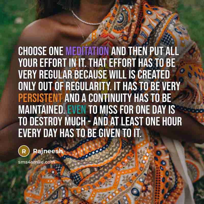 “Choose one meditation and then put all your effort in it. That effort has to be very regular because will is created only out of regularity. It has to be very persistent and a continuity has to be maintained. Even to miss for one day is to destroy much - and at least one hour every day has to be…” quote by Rajneesh