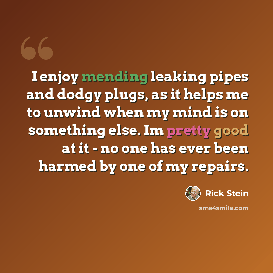“I enjoy mending leaking pipes and dodgy plugs, as it helps me to unwind when my mind is on something else. Im pretty good at it - no one has ever been harmed by one of my repairs.” quote by Rick Stein