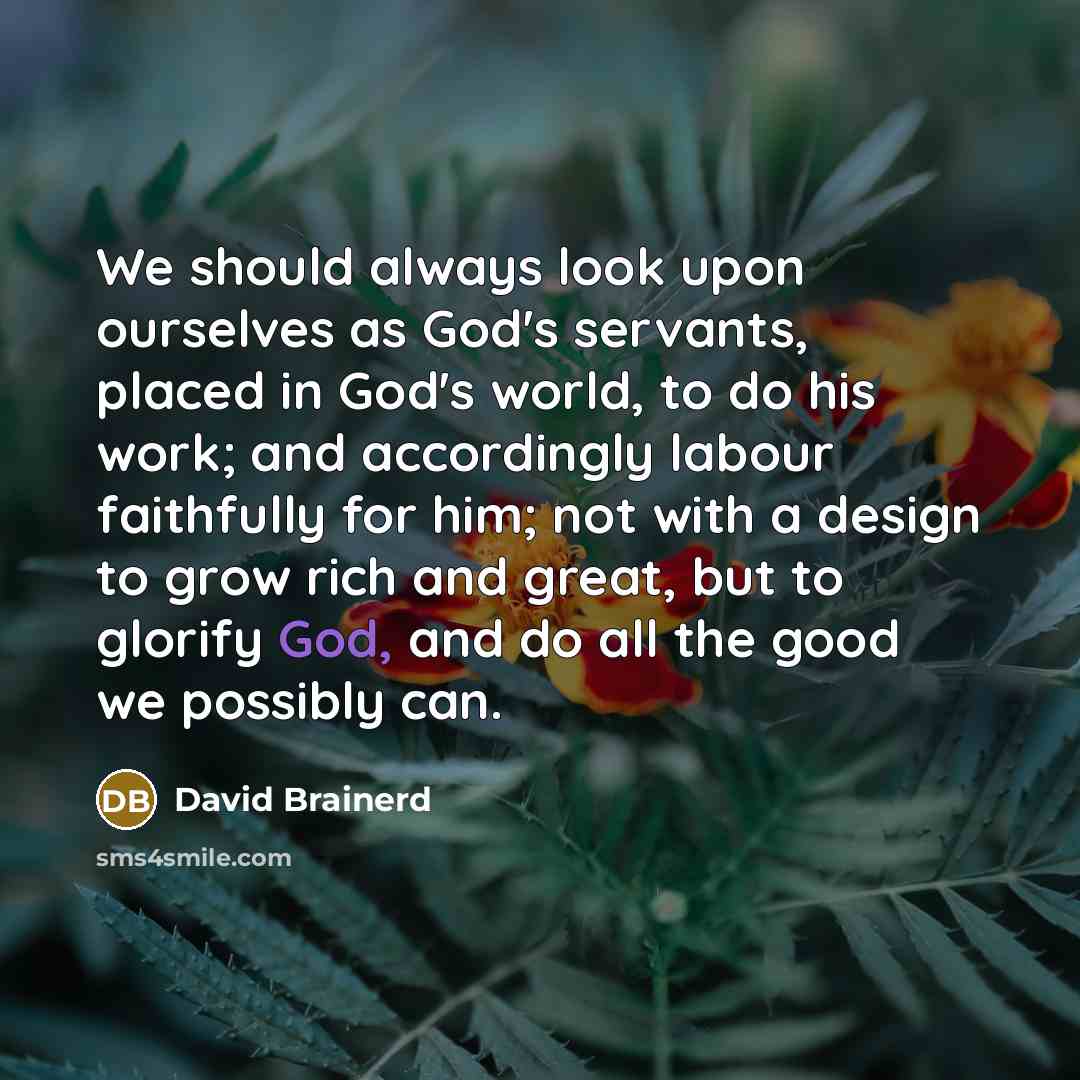 “We should always look upon ourselves as God's servants, placed in God's world, to do his work; and accordingly labour faithfully for him; not with a design to grow rich and great, but to glorify God, and do all the good we possibly can.” quote by David Brainerd