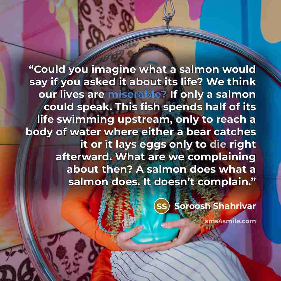 “Could you imagine what a salmon would say if you asked it about its life? We think our lives are miserable? If only a salmon could speak. This fish spends half of its life swimming upstream, only to reach a body of water where either a bear catches it or it lays eggs only to die right afterward…” quote by Soroosh Shahrivar