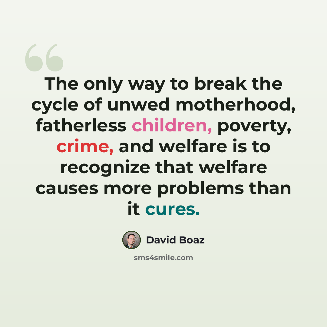“The only way to break the cycle of unwed motherhood, fatherless children, poverty, crime, and welfare is to recognize that welfare causes more problems than it cures.” quote by David Boaz