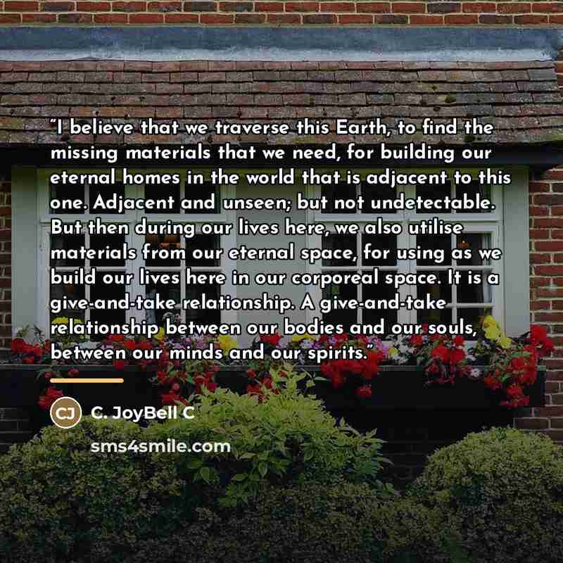 “I believe that we traverse this Earth, to find the missing materials that we need, for building our eternal homes in the world that is adjacent to this one. Adjacent and unseen; but not undetectable. But then during our lives here, we also utilise materials from our eternal space, for using as we…” quote by C. JoyBell C