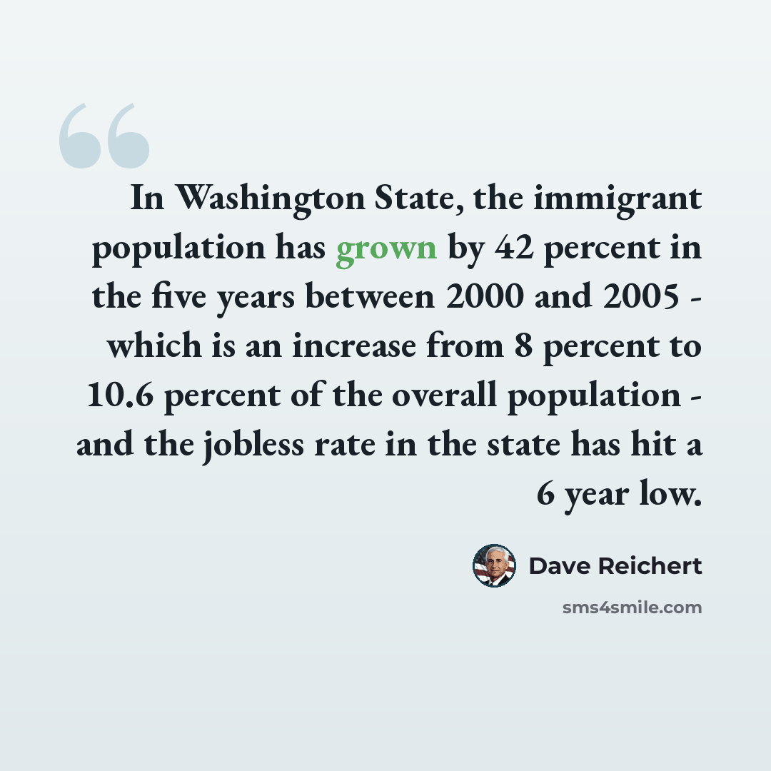 “In Washington State, the immigrant population has grown by 42 percent in the five years between 2000 and 2005 - which is an increase from 8 percent to 10.6 percent of the overall population - and the jobless rate in the state has hit a 6 year low.” quote by Dave Reichert