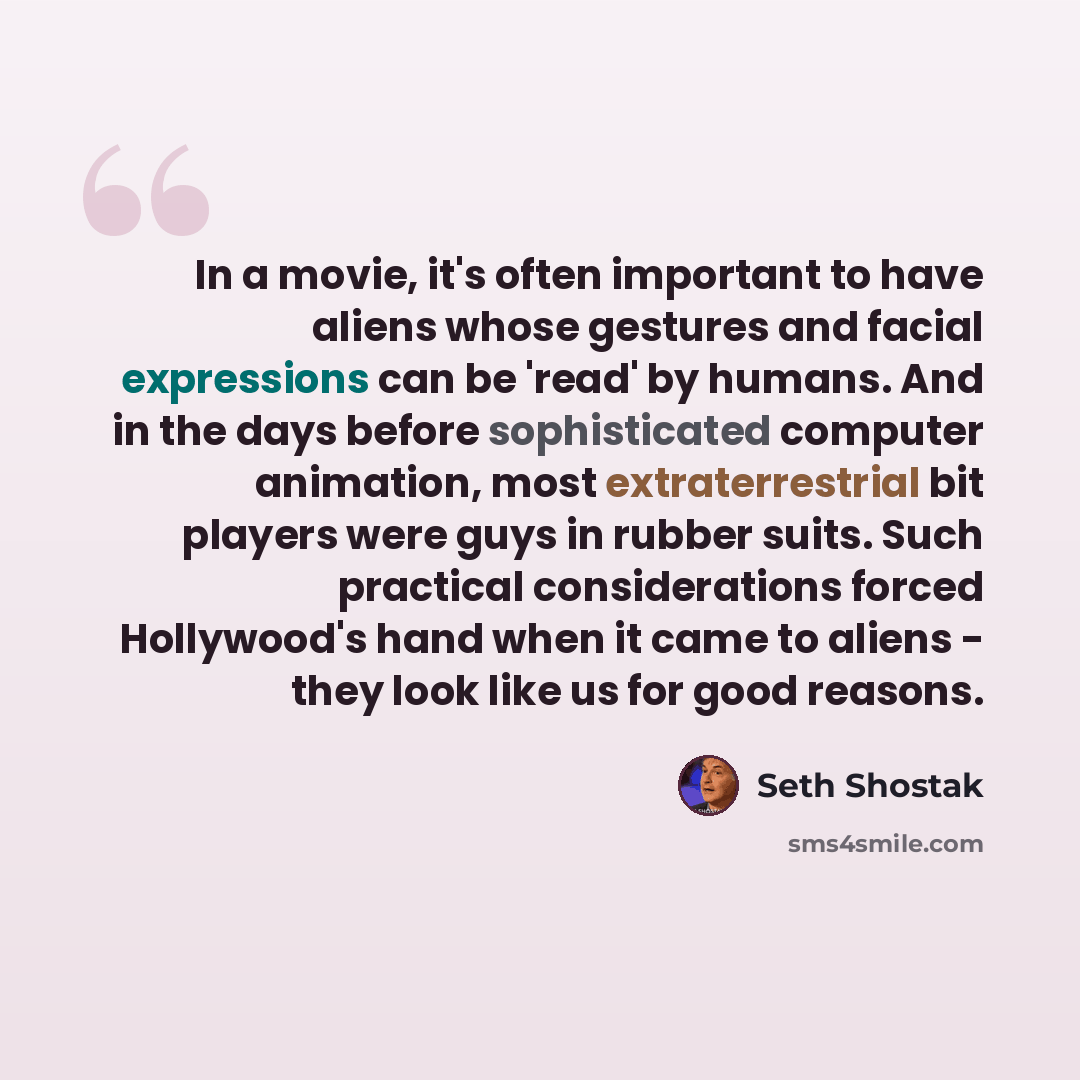 “In a movie, it's often important to have aliens whose gestures and facial expressions can be 'read' by humans. And in the days before sophisticated computer animation, most extraterrestrial bit players were guys in rubber suits. Such practical considerations forced Hollywood's hand when it came to…” quote by Seth Shostak