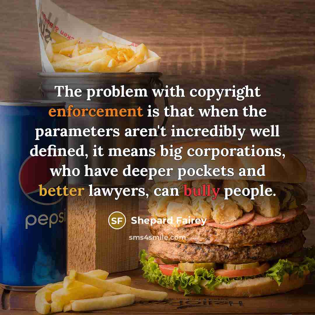 “The problem with copyright enforcement is that when the parameters aren't incredibly well defined, it means big corporations, who have deeper pockets and better lawyers, can bully people.” quote by Shepard Fairey