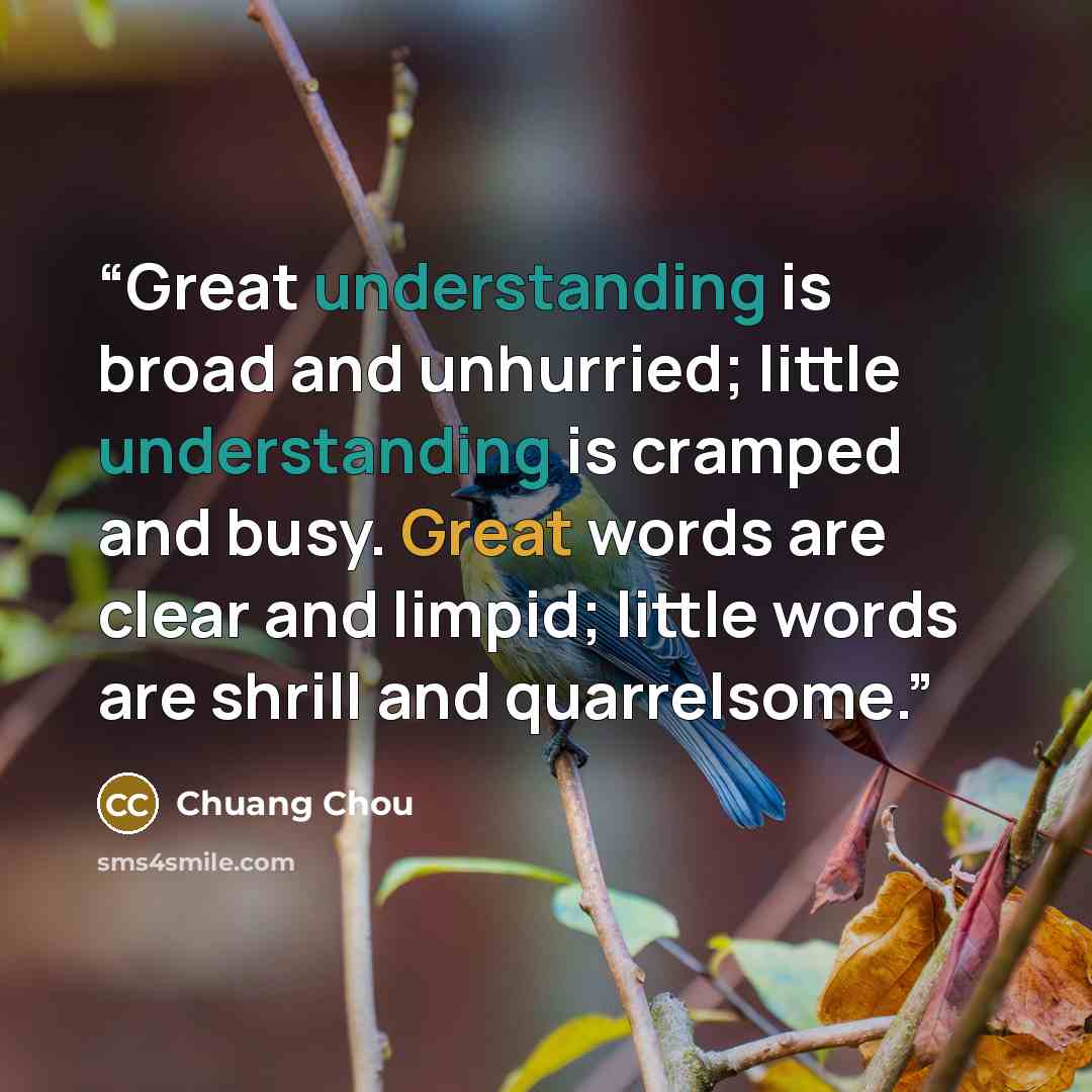 “Great understanding is broad and unhurried; little understanding is cramped and busy. Great words are clear and limpid; little words are shrill and quarrelsome.” quote by Chuang Chou