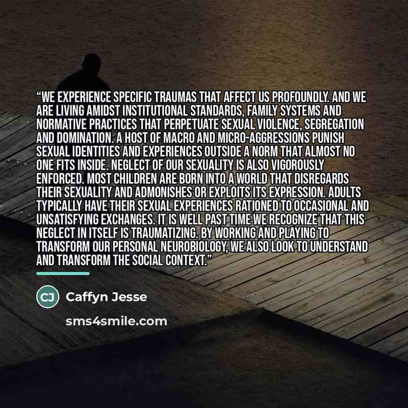 “We experience specific traumas that affect us profoundly. And we are living amidst institutional standards, family systems and normative practices that perpetuate sexual violence, segregation and domination. A host of macro and micro-aggressions punish sexual identities and experiences outside a…” quote by Caffyn Jesse
