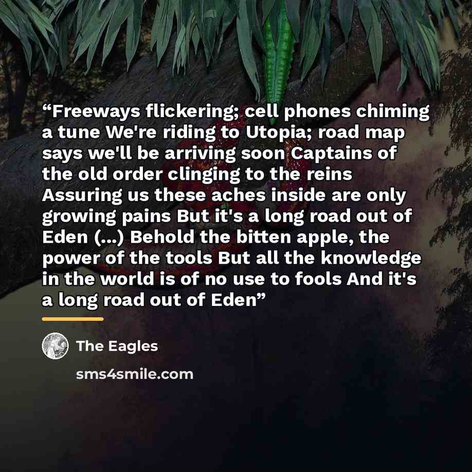 “Freeways flickering; cell phones chiming a tune We're riding to Utopia; road map says we'll be arriving soon Captains of the old order clinging to the reins Assuring us these aches inside are only growing pains But it's a long road out of Eden (...) Behold the bitten apple, the power of the tools…” quote by The Eagles