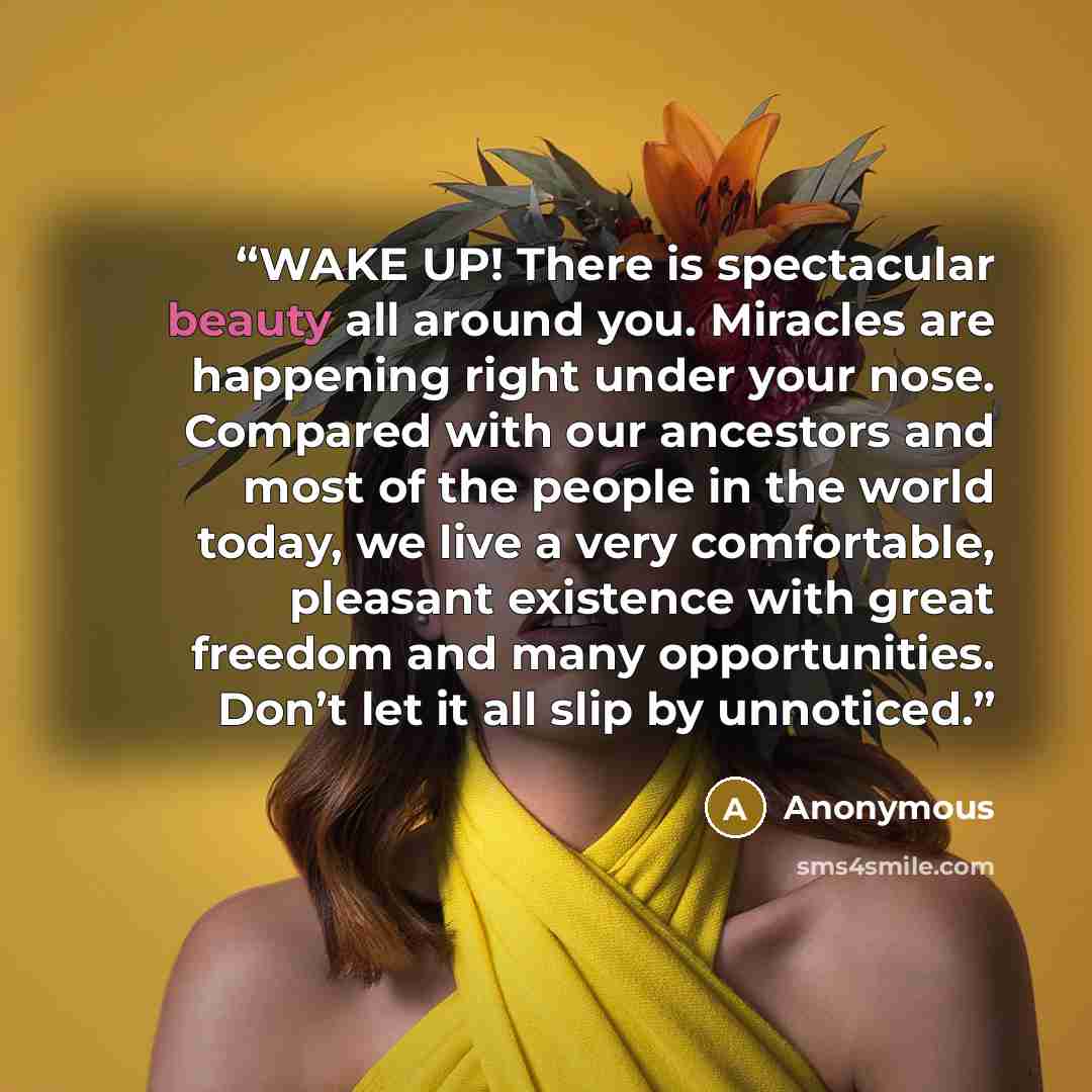 “WAKE UP! There is spectacular beauty all around you. Miracles are happening right under your nose. Compared with our ancestors and most of the people in the world today, we live a very comfortable, pleasant existence with great freedom and many opportunities. Don’t let it all slip by unnoticed.” quote by Anonymous