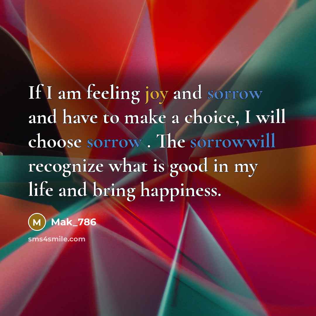 “If I am feeling joy and sorrow and have to make a choice, I will choose sorrow . The sorrowwill recognize what is good in my life and bring happiness.” quote by Mak_786