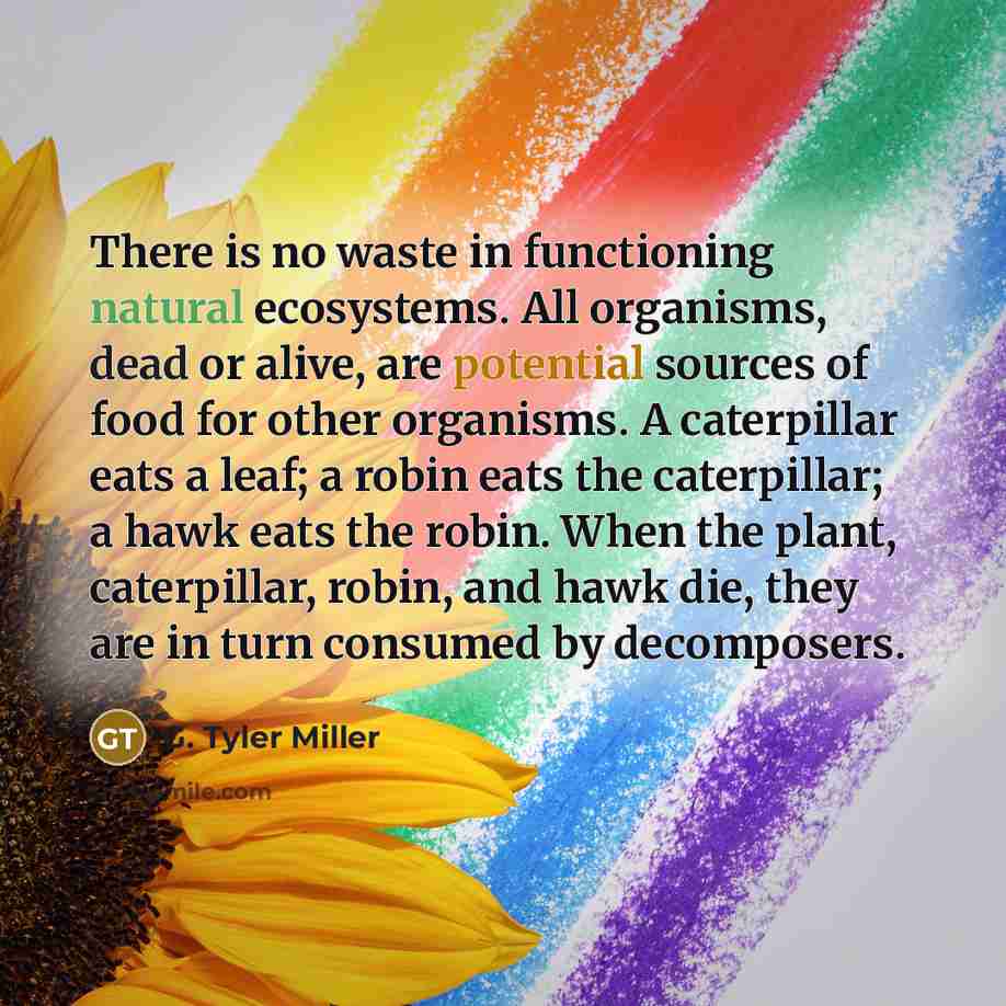 “There is no waste in functioning natural ecosystems. All organisms, dead or alive, are potential sources of food for other organisms. A caterpillar eats a leaf; a robin eats the caterpillar; a hawk eats the robin. When the plant, caterpillar, robin, and hawk die, they are in turn consumed by…” quote by G. Tyler Miller