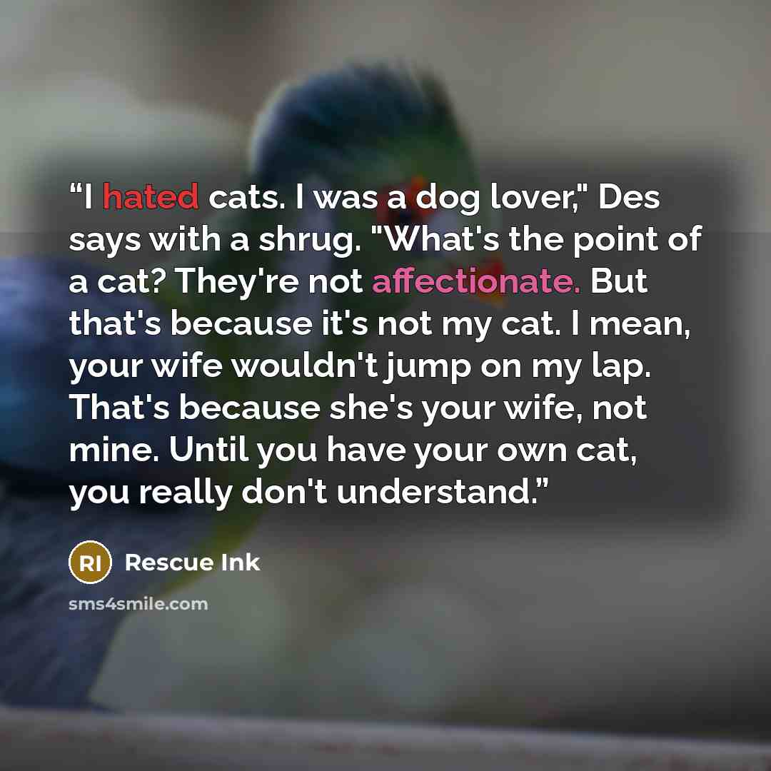 “I hated cats. I was a dog lover," Des says with a shrug. "What's the point of a cat? They're not affectionate. But that's because it's not my cat. I mean, your wife wouldn't jump on my lap. That's because she's your wife, not mine. Until you have your own cat, you really don't understand.” quote by Rescue Ink