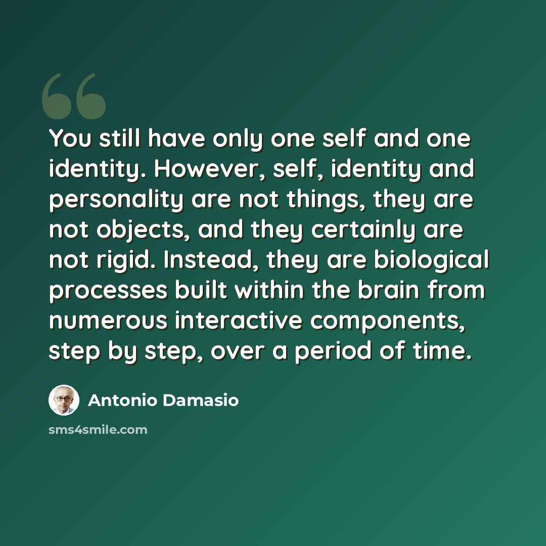 “You still have only one self and one identity. However, self, identity and personality are not things, they are not objects, and they certainly are not rigid. Instead, they are biological processes built within the brain from numerous interactive components, step by step, over a period of time.” quote by Antonio Damasio