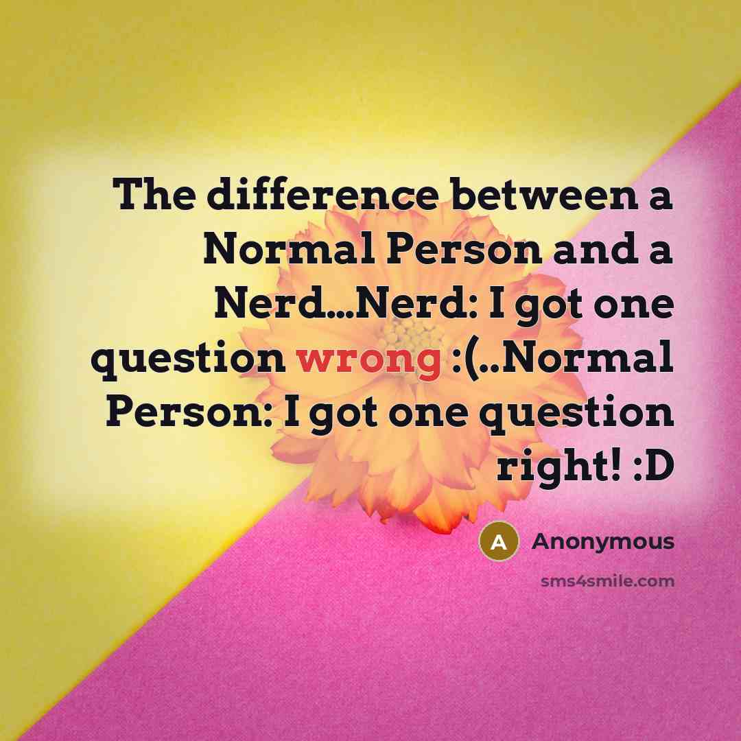 “The difference between a Normal Person and a Nerd…Nerd: I got one question wrong :(..Normal Person: I got one question right! :D” quote by Anonymous