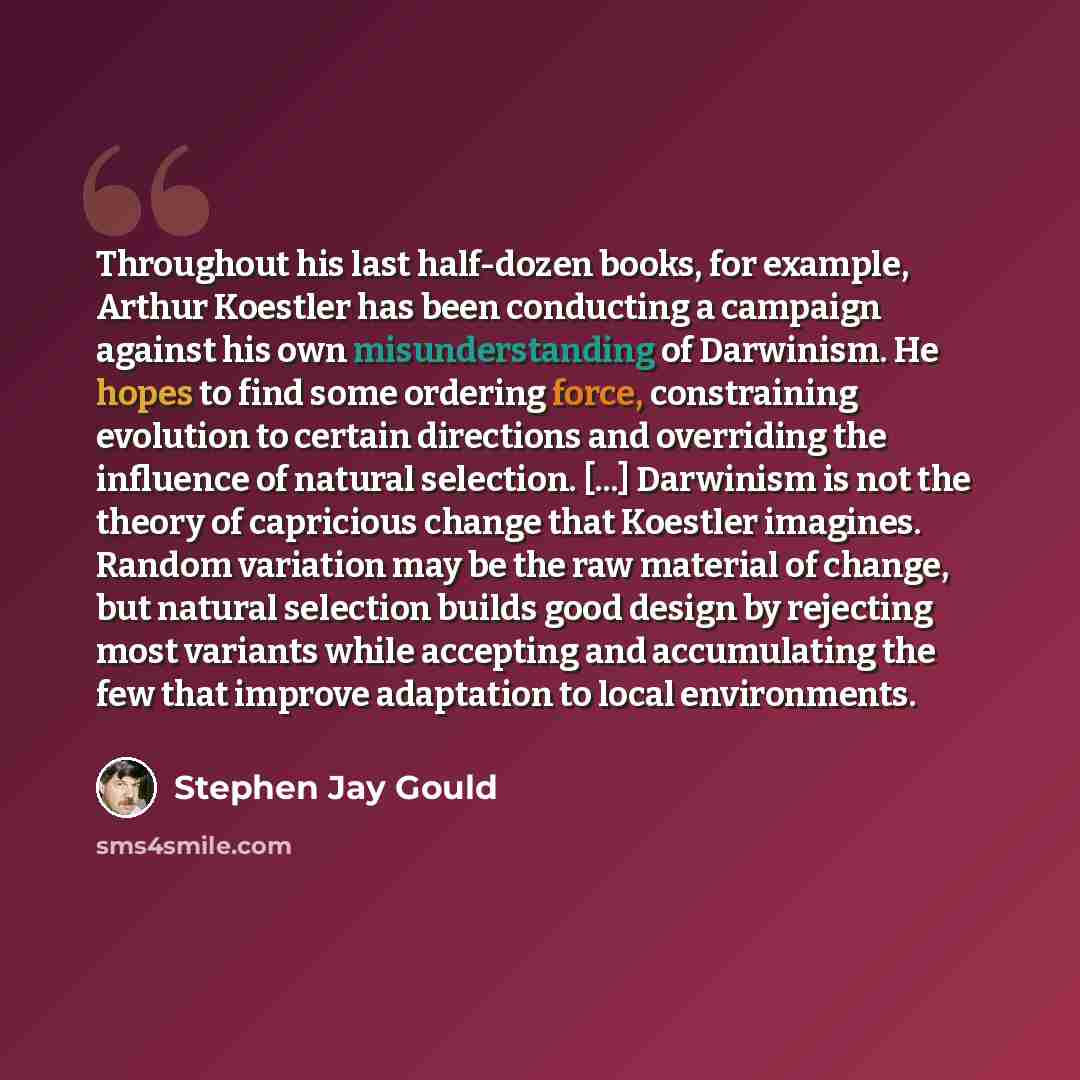“Throughout his last half-dozen books, for example, Arthur Koestler has been conducting a campaign against his own misunderstanding of Darwinism. He hopes to find some ordering force, constraining evolution to certain directions and overriding the influence of natural selection. [...] Darwinism is…” quote by Stephen Jay Gould