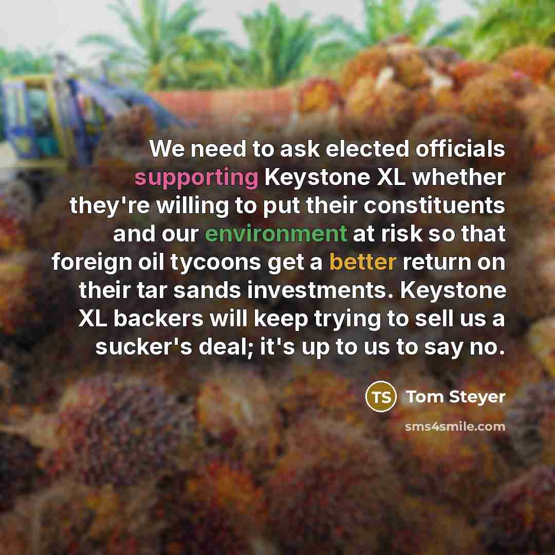 “We need to ask elected officials supporting Keystone XL whether they're willing to put their constituents and our environment at risk so that foreign oil tycoons get a better return on their tar sands investments. Keystone XL backers will keep trying to sell us a sucker's deal; it's up to us to…” quote by Tom Steyer
