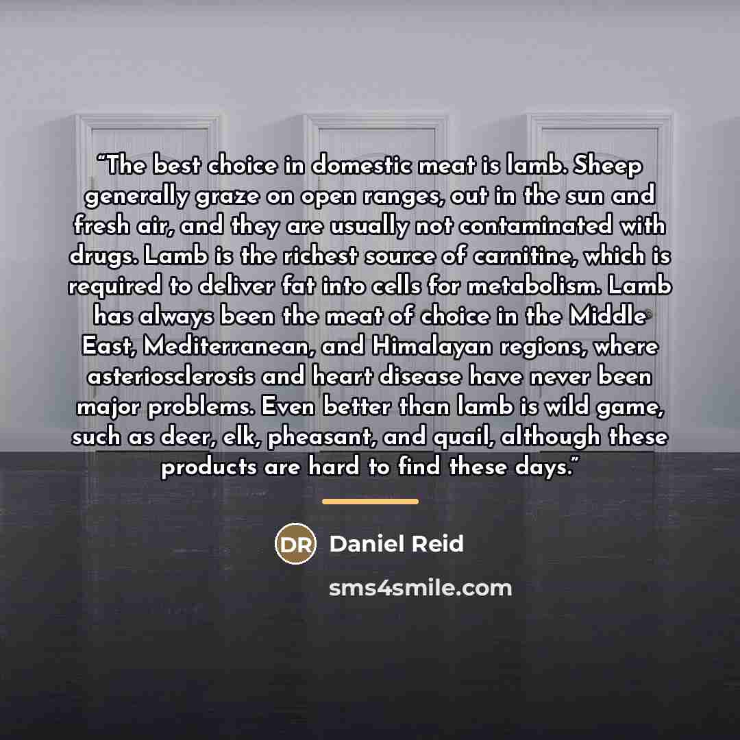 “The best choice in domestic meat is lamb. Sheep generally graze on open ranges, out in the sun and fresh air, and they are usually not contaminated with drugs. Lamb is the richest source of carnitine, which is required to deliver fat into cells for metabolism. Lamb has always been the meat of…” quote by Daniel Reid