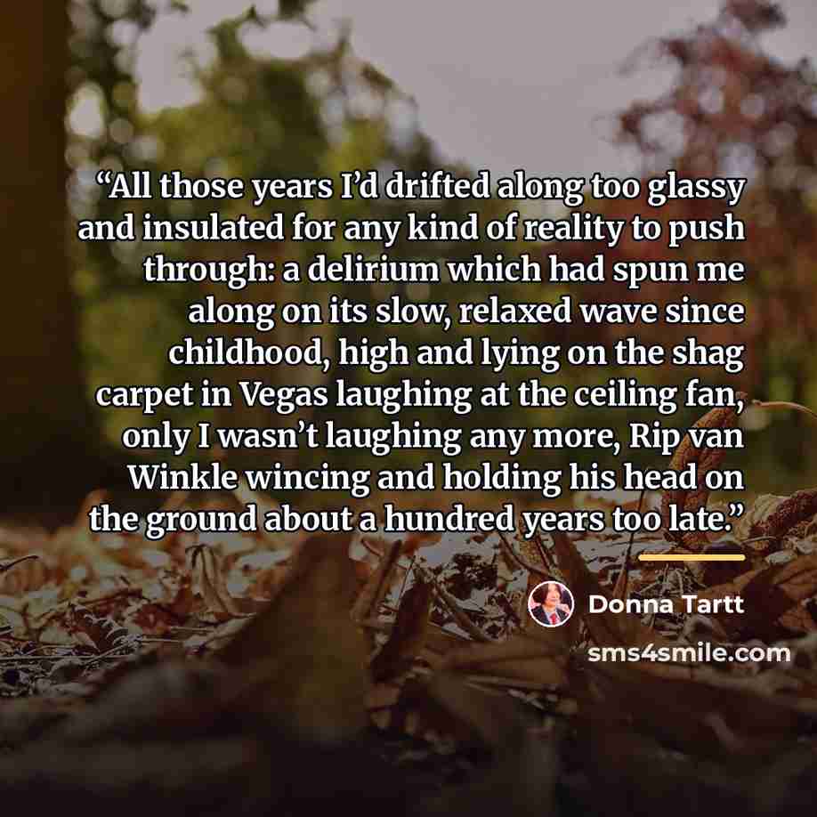 “All those years I’d drifted along too glassy and insulated for any kind of reality to push through: a delirium which had spun me along on its slow, relaxed wave since childhood, high and lying on the shag carpet in Vegas laughing at the ceiling fan, only I wasn’t laughing any more, Rip van Winkle…” quote by Donna Tartt