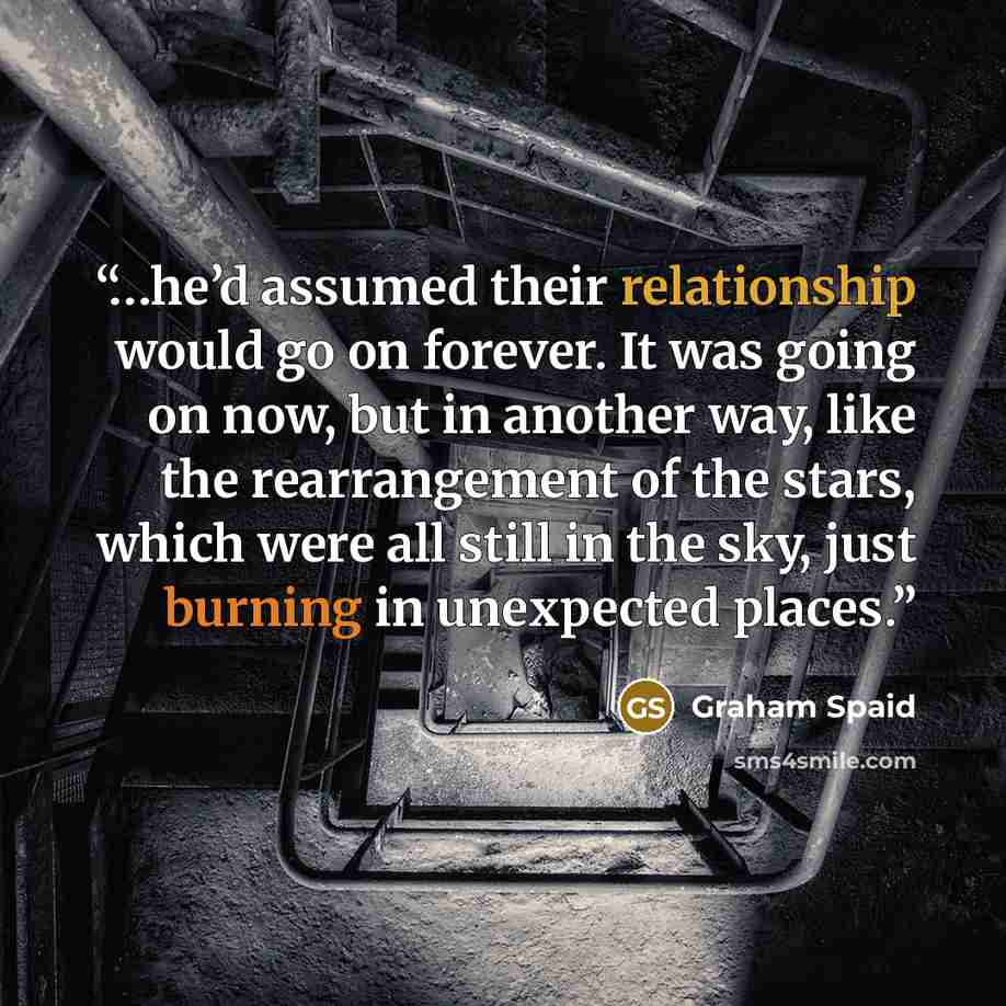 “…he’d assumed their relationship would go on forever. It was going on now, but in another way, like the rearrangement of the stars, which were all still in the sky, just burning in unexpected places.” quote by Graham Spaid