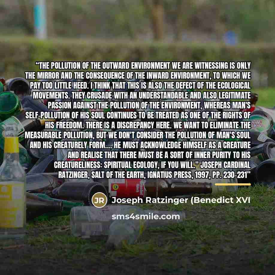 “The pollution of the outward environment we are witnessing is only the mirror and the consequence of the inward environment, to which we pay too little heed. I think that this is also the defect of the ecological movements. They crusade with an understandable and also legitimate passion against…” quote by Joseph Ratzinger (Benedict XVI