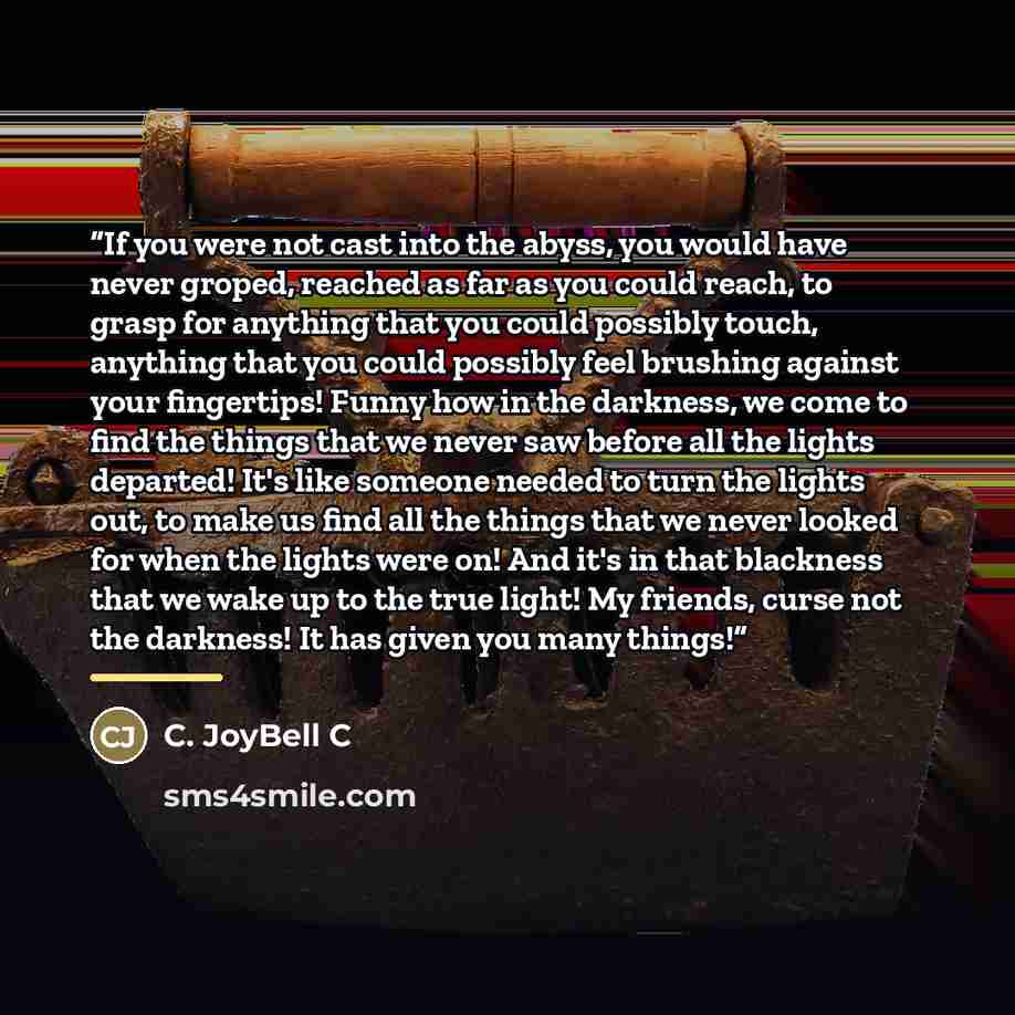 “If you were not cast into the abyss, you would have never groped, reached as far as you could reach, to grasp for anything that you could possibly touch, anything that you could possibly feel brushing against your fingertips! Funny how in the darkness, we come to find the things that we never saw…” quote by C. JoyBell C