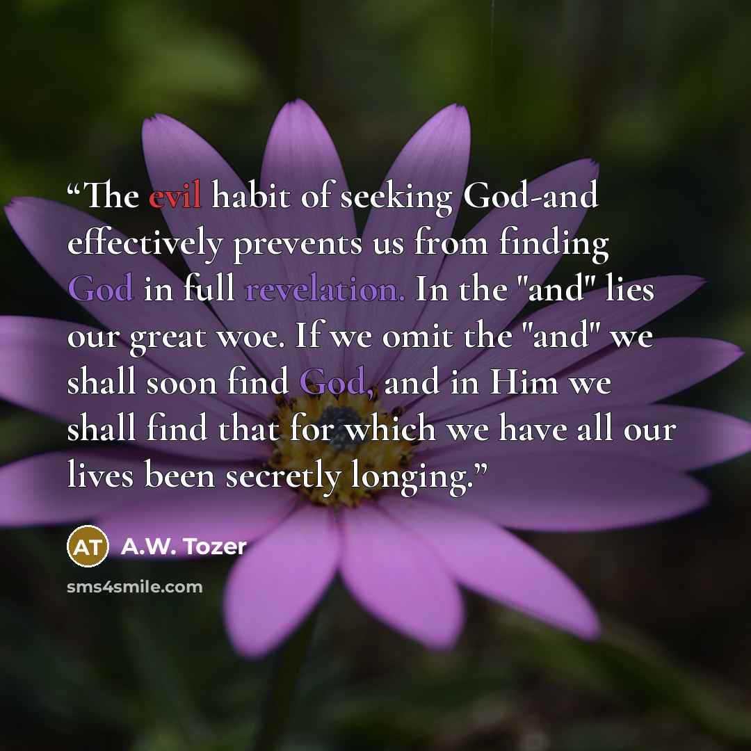 “The evil habit of seeking God-and effectively prevents us from finding God in full revelation. In the "and" lies our great woe. If we omit the "and" we shall soon find God, and in Him we shall find that for which we have all our lives been secretly longing.” quote by A.W. Tozer